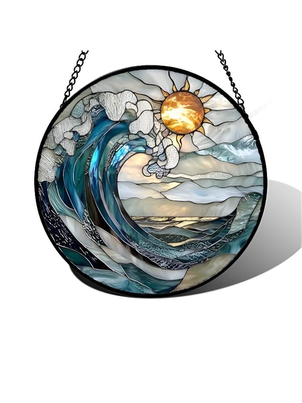 Stained Glass Window Hanging, Blue and White Waves Suncatcher Diamond Glass